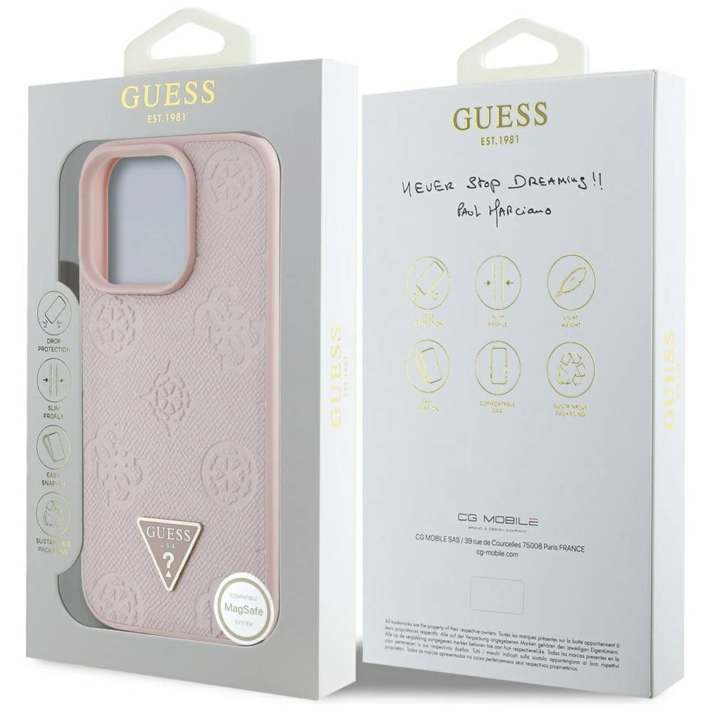 Guess Grained Hot Stamp Peony Triangle Logo MagSafe iPhone 16 Pro Case - Pinkeng