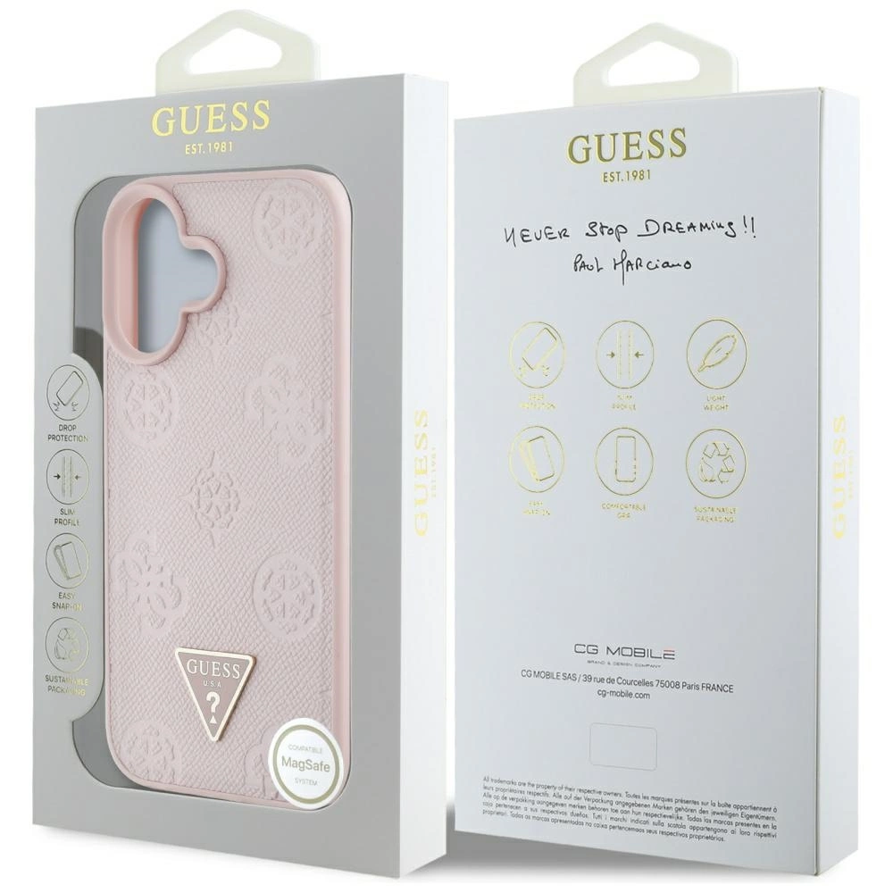 Guess Grained Hot Stamp Peony Triangle Logo MagSafe iPhone 16 Case - Pinkeng