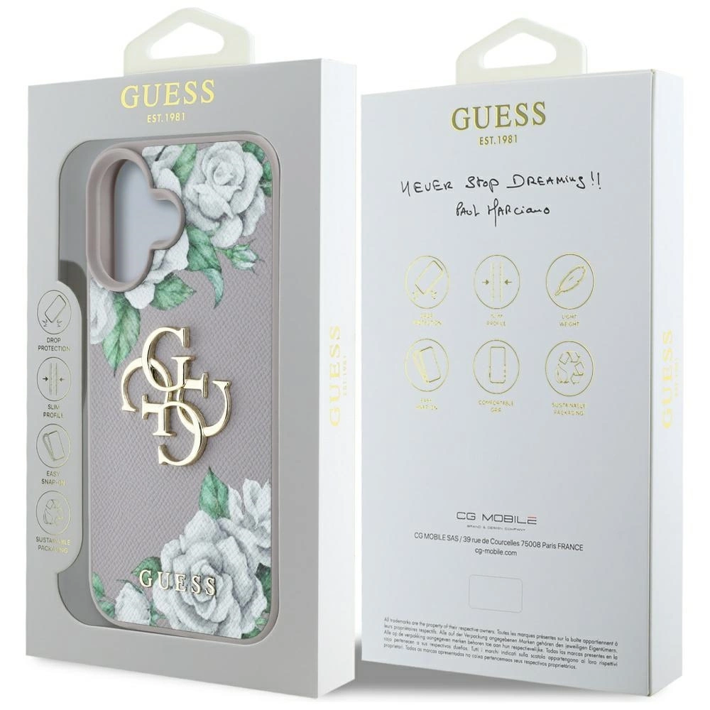 Guess Grained Roses Big 4G Logo iPhone 16 Case - Purpleeng
