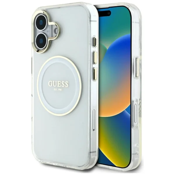 Guess IML Metal Colored Circle Classic Logo MagSafe case for iPhone 16 - whiteeng