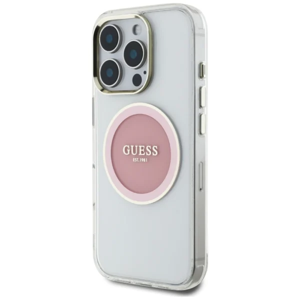 Guess IML Metal Colored Circle Classic Logo MagSafe iPhone 16 Pro Case - Pinkeng