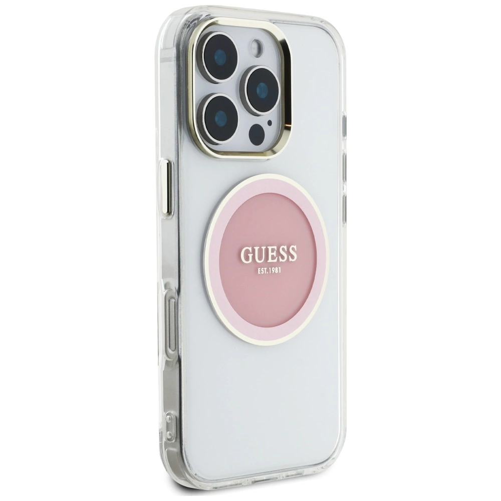Guess IML Metal Colored Circle Classic Logo MagSafe iPhone 16 Pro Case - Pinkeng
