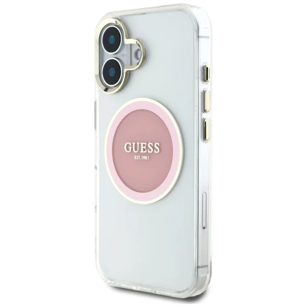 Guess IML Metal Colored Circle Classic Logo MagSafe iPhone 16 Case - Pinkeng