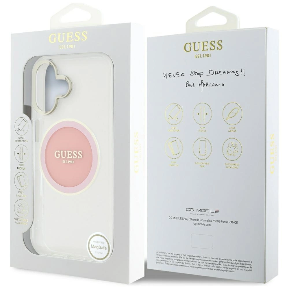 Guess IML Metal Colored Circle Classic Logo MagSafe iPhone 16 Case - Pinkeng