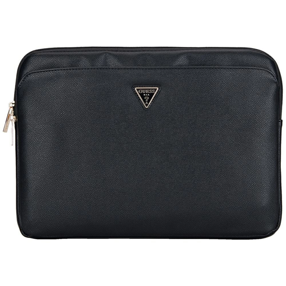 Guess Sleeve Grained Zipper Pocket Triangle Logo 14" Laptop Bag - Blackeng