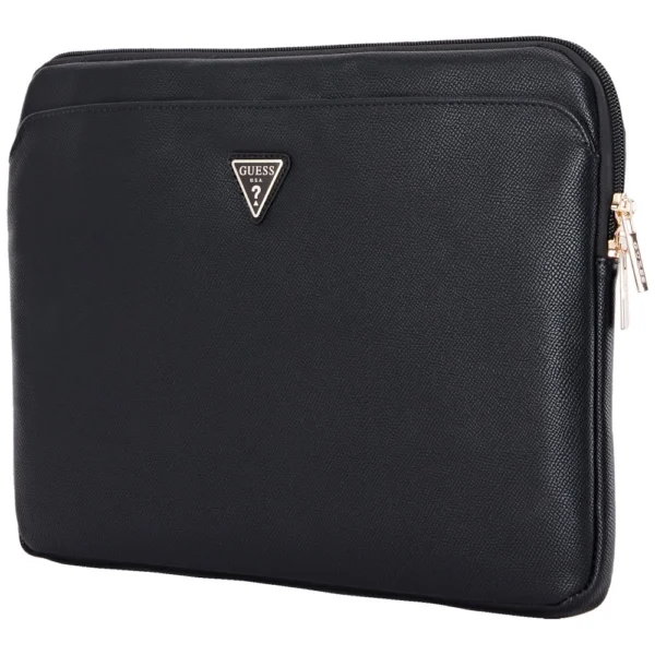 Guess Sleeve Grained Zipper Pocket Triangle Logo 14" Laptop Bag - Blackeng