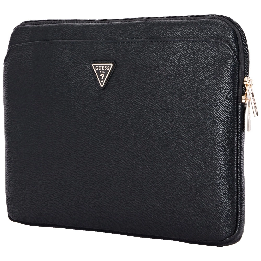 Guess Sleeve Grained Zipper Pocket Triangle Logo 14" Laptop Bag - Blackeng