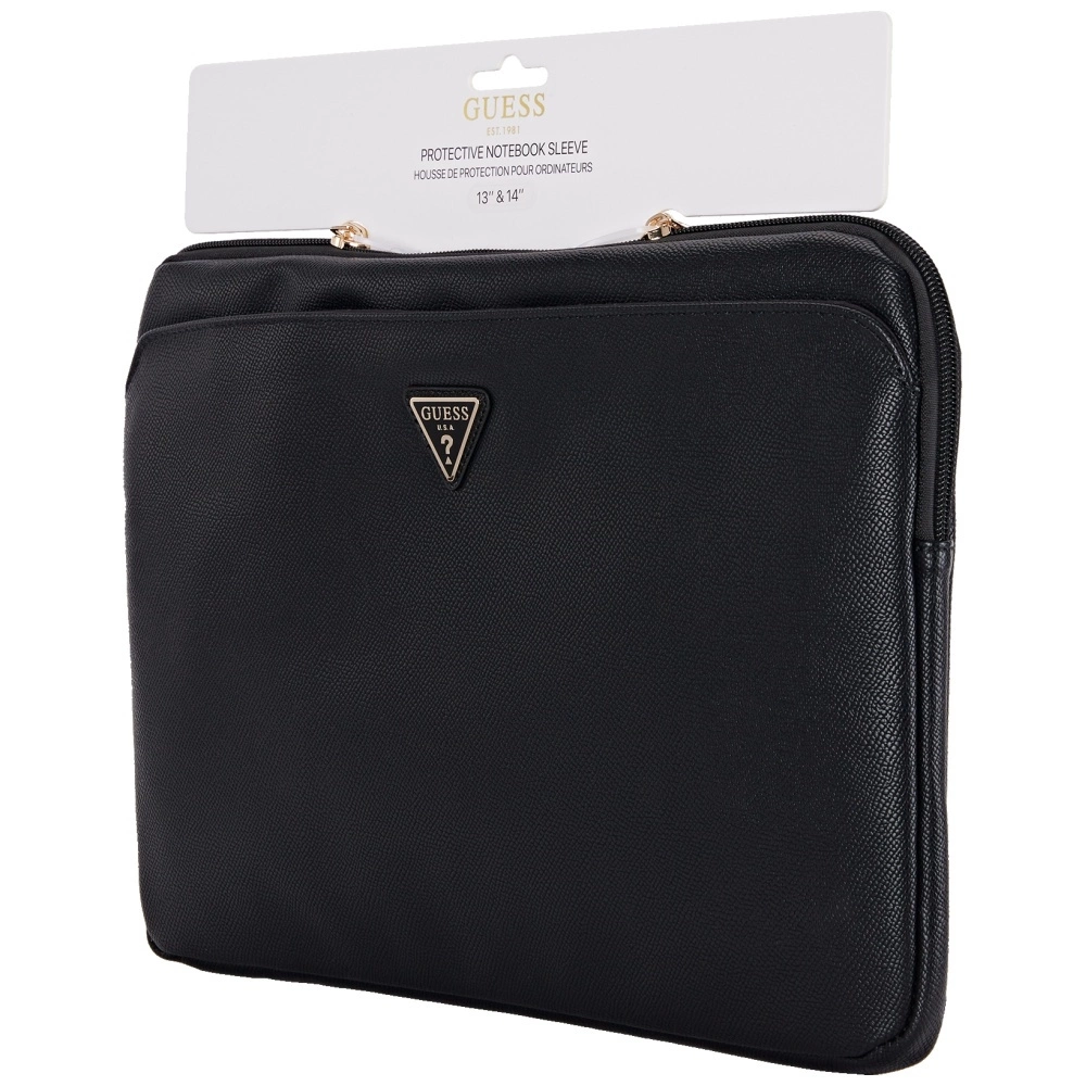 Guess Sleeve Grained Zipper Pocket Triangle Logo 14" Laptop Bag - Blackeng