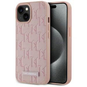 Karl Lagerfeld Leather Monogram Metal Logo MagSafe iPhone 15 Case - Pinkeng