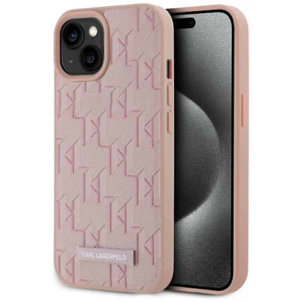 Karl Lagerfeld Leather Monogram Metal Logo MagSafe iPhone 15 Case - Pinkeng