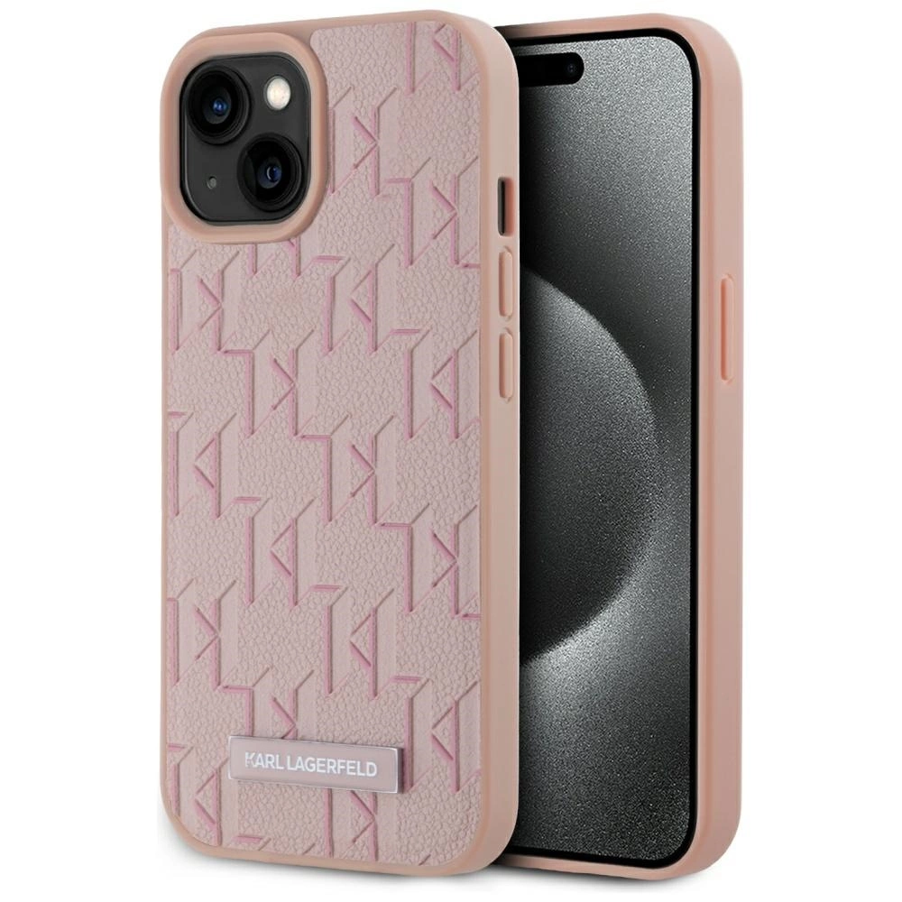 Karl Lagerfeld Leather Monogram Metal Logo MagSafe iPhone 15 Case - Pinkeng