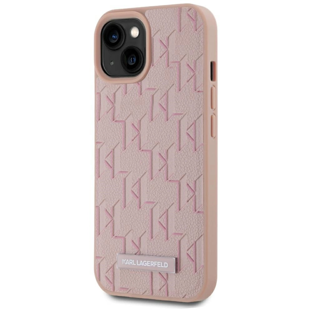 Karl Lagerfeld Leather Monogram Metal Logo MagSafe iPhone 15 Case - Pinkeng