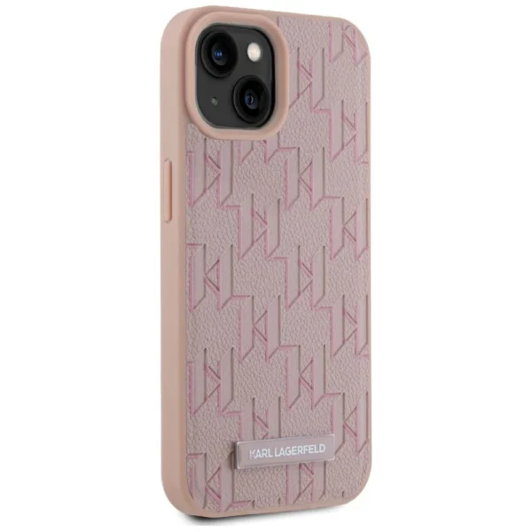 Karl Lagerfeld Leather Monogram Metal Logo MagSafe iPhone 15 Case - Pinkeng