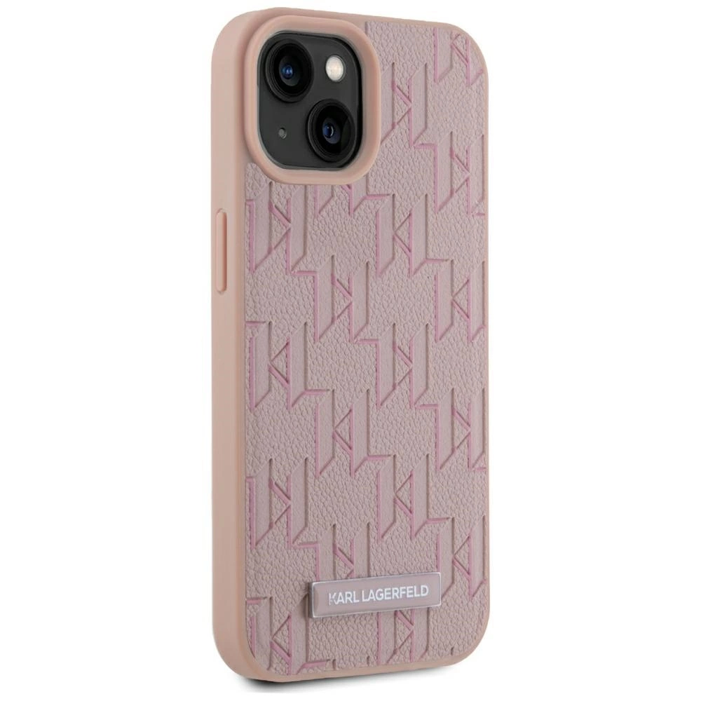 Karl Lagerfeld Leather Monogram Metal Logo MagSafe iPhone 15 Case - Pinkeng