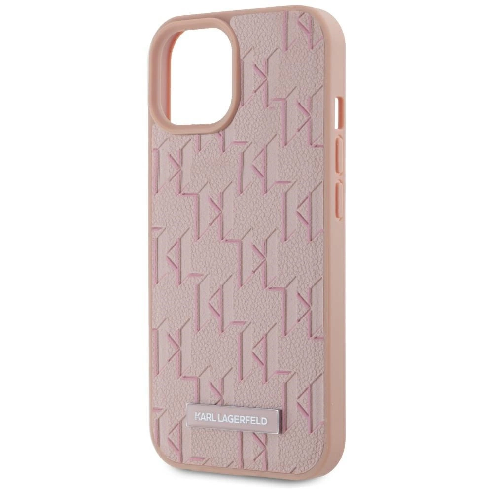 Karl Lagerfeld Leather Monogram Metal Logo MagSafe iPhone 15 Case - Pinkeng