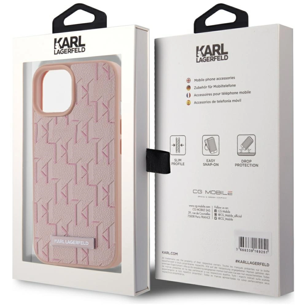 Karl Lagerfeld Leather Monogram Metal Logo MagSafe iPhone 15 Case - Pinkeng