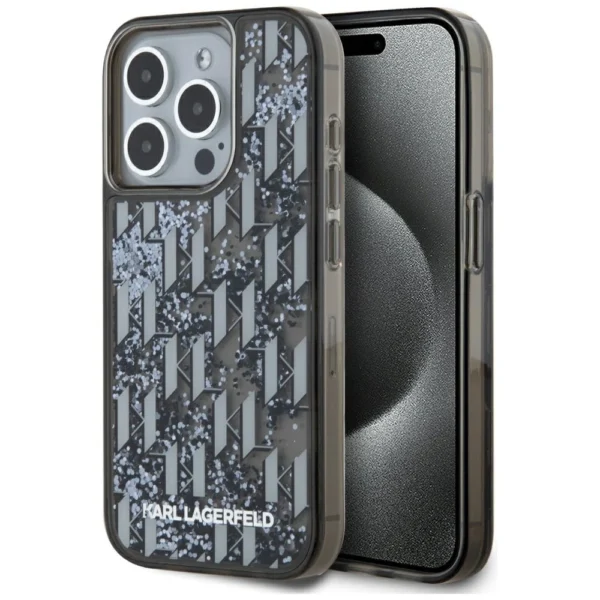 Karl Lagerfeld Liquide Glitter Monogram Gradient iPhone 15 Pro Max Case - Blackeng