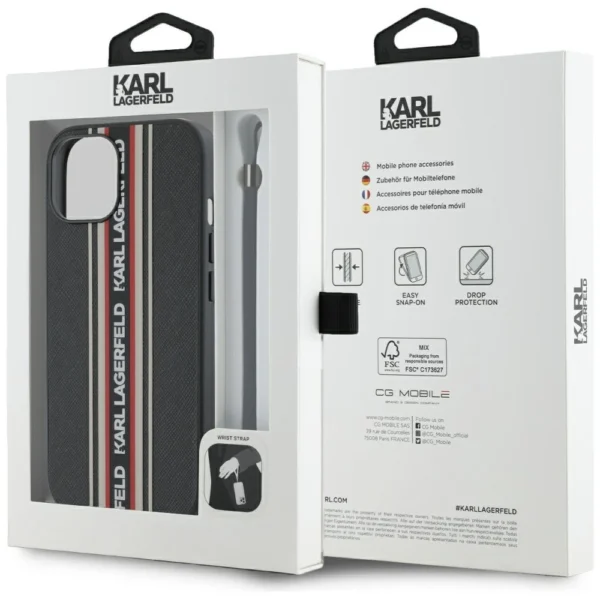 Karl Lagerfeld Saffiano Athleisure Stripes Cord iPhone 15 Case - Redeng