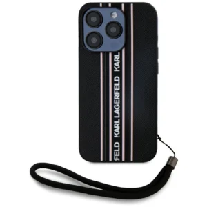 Karl Lagerfeld Saffiano Athleisure Stripes Cord iPhone 15 Pro Case - Pinkeng