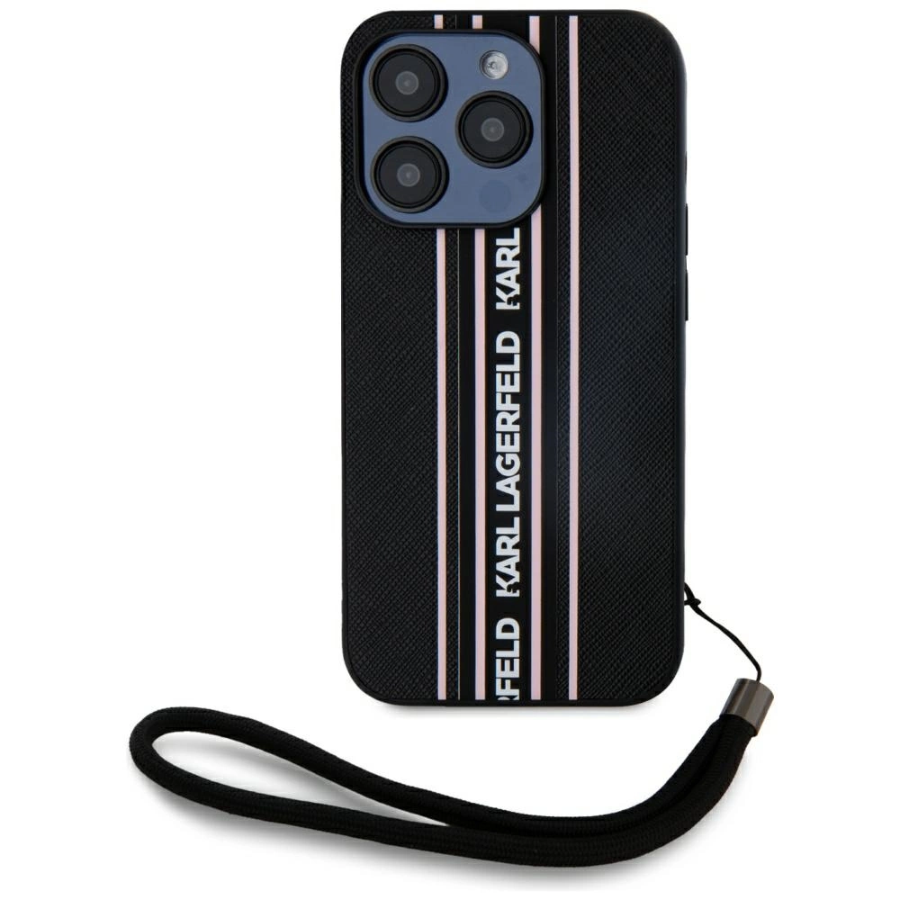 Karl Lagerfeld Saffiano Athleisure Stripes Cord iPhone 15 Pro Case - Pinkeng
