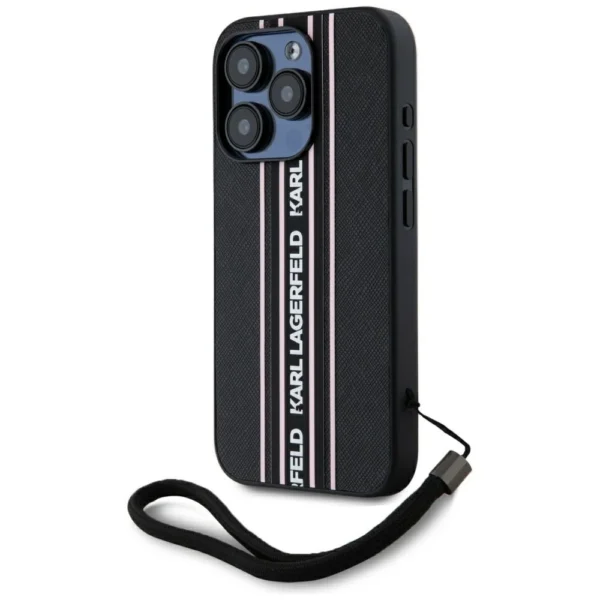 Karl Lagerfeld Saffiano Athleisure Stripes Cord iPhone 15 Pro Case - Pinkeng