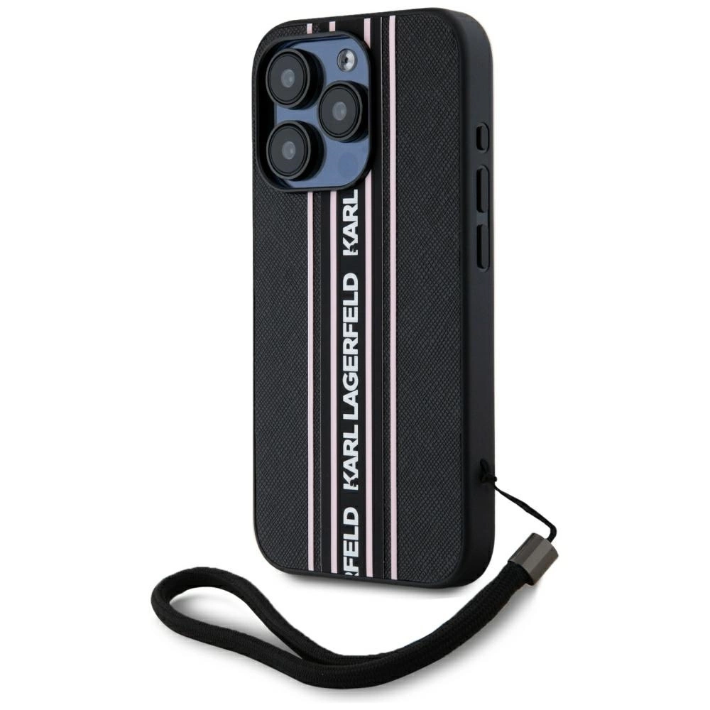 Karl Lagerfeld Saffiano Athleisure Stripes Cord iPhone 15 Pro Case - Pinkeng