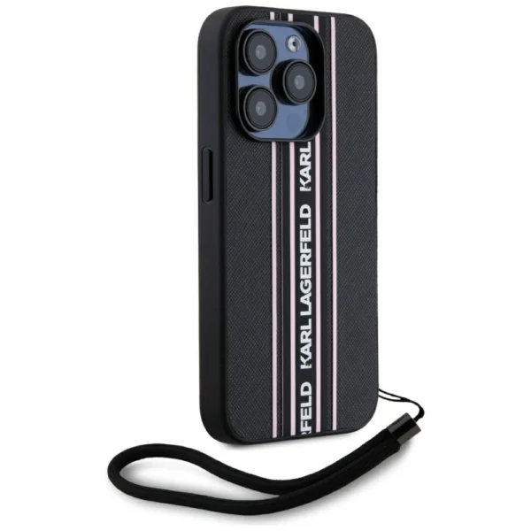 Karl Lagerfeld Saffiano Athleisure Stripes Cord iPhone 15 Pro Case - Pinkeng
