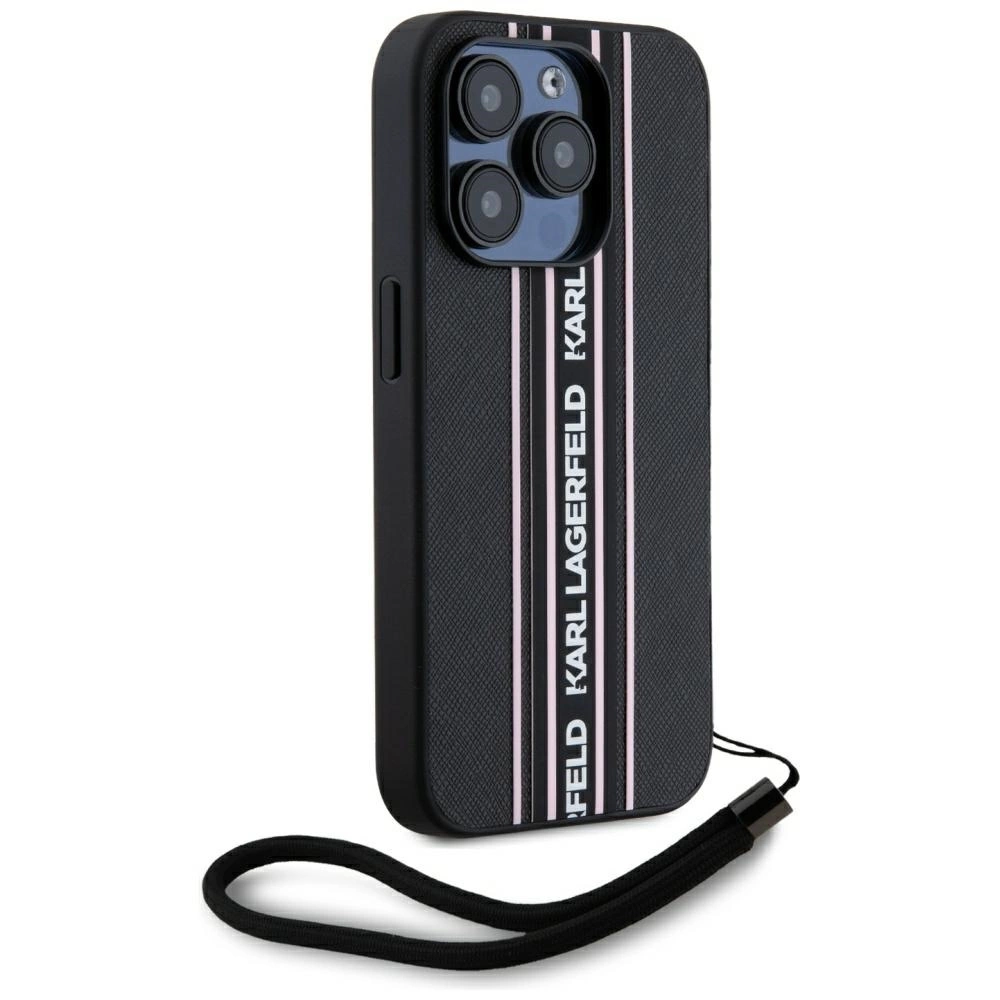 Karl Lagerfeld Saffiano Athleisure Stripes Cord iPhone 15 Pro Case - Pinkeng