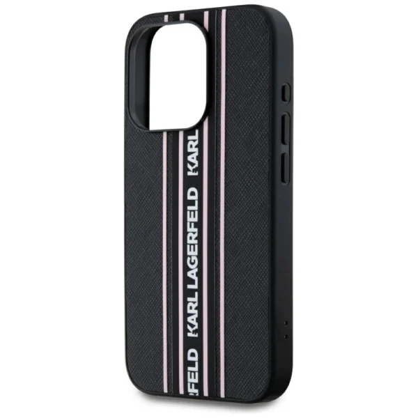 Karl Lagerfeld Saffiano Athleisure Stripes Cord iPhone 15 Pro Case - Pinkeng