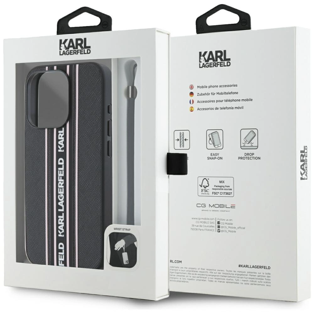 Karl Lagerfeld Saffiano Athleisure Stripes Cord iPhone 15 Pro Case - Pinkeng