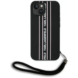 Karl Lagerfeld Saffiano Athleisure Stripes Cord iPhone 15 Case - Pinkeng
