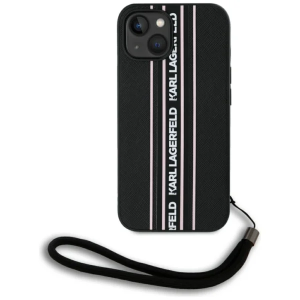 Karl Lagerfeld Saffiano Athleisure Stripes Cord iPhone 15 Case - Pinkeng