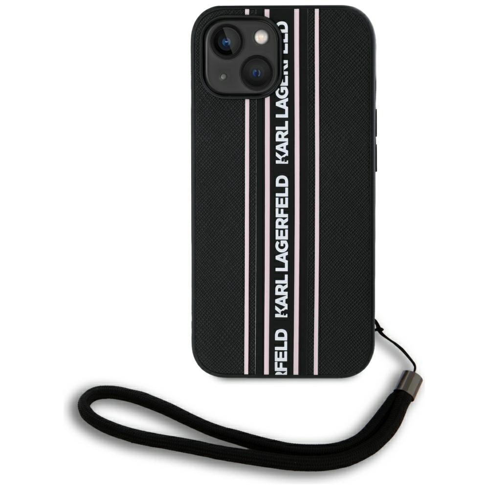Karl Lagerfeld Saffiano Athleisure Stripes Cord iPhone 15 Case - Pinkeng