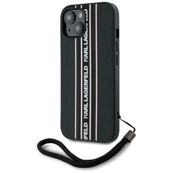 Karl Lagerfeld Saffiano Athleisure Stripes Cord iPhone 15 Case - Pinkeng