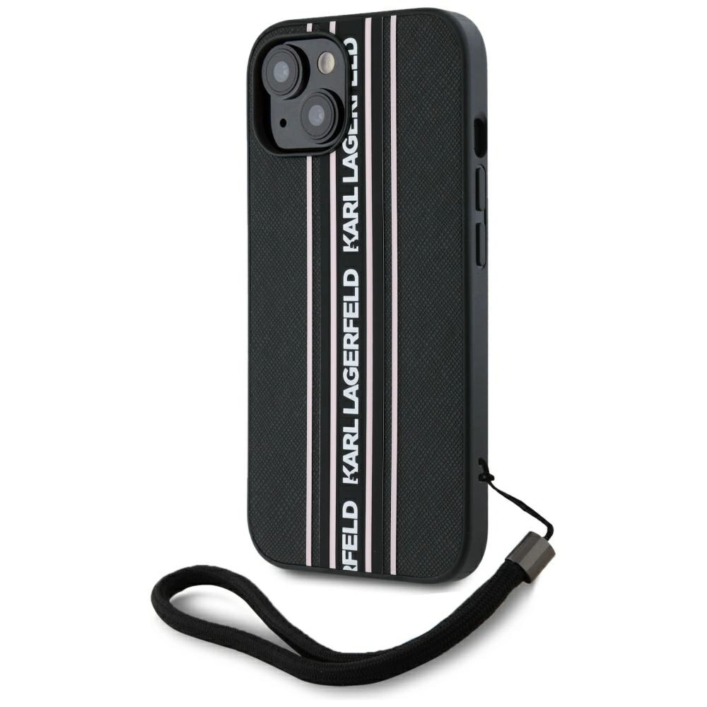 Karl Lagerfeld Saffiano Athleisure Stripes Cord iPhone 15 Case - Pinkeng