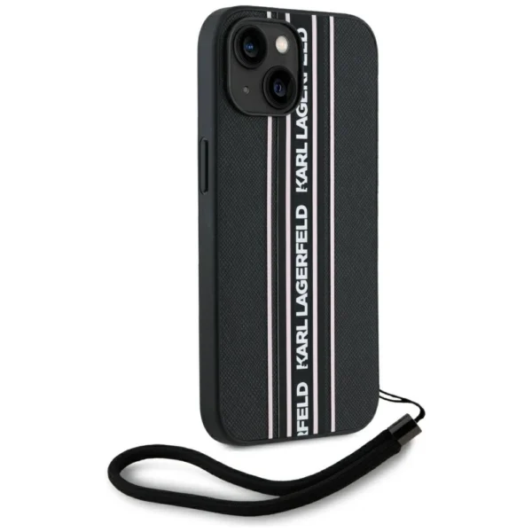 Karl Lagerfeld Saffiano Athleisure Stripes Cord iPhone 15 Case - Pinkeng