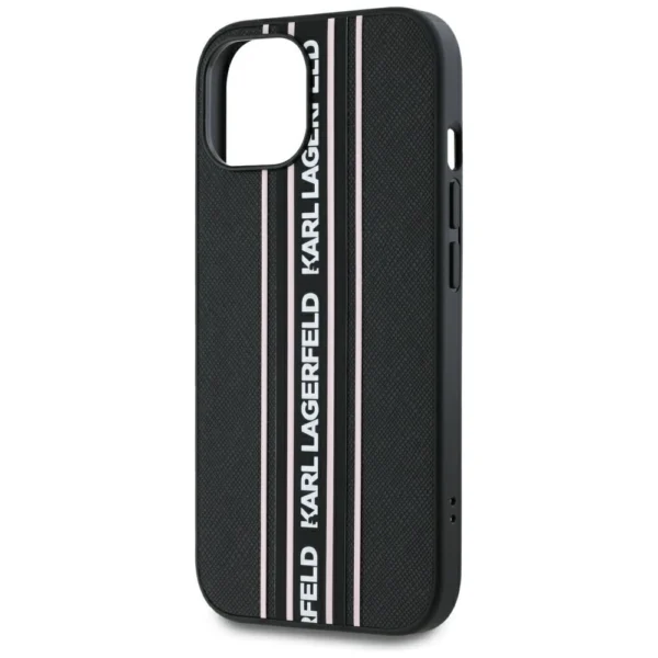 Karl Lagerfeld Saffiano Athleisure Stripes Cord iPhone 15 Case - Pinkeng