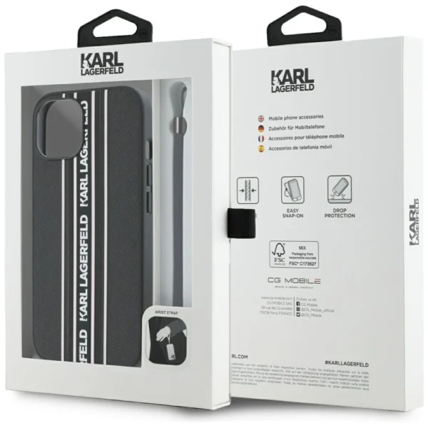 Karl Lagerfeld Saffiano Athleisure Stripes Cord iPhone 15 Case - Pinkeng
