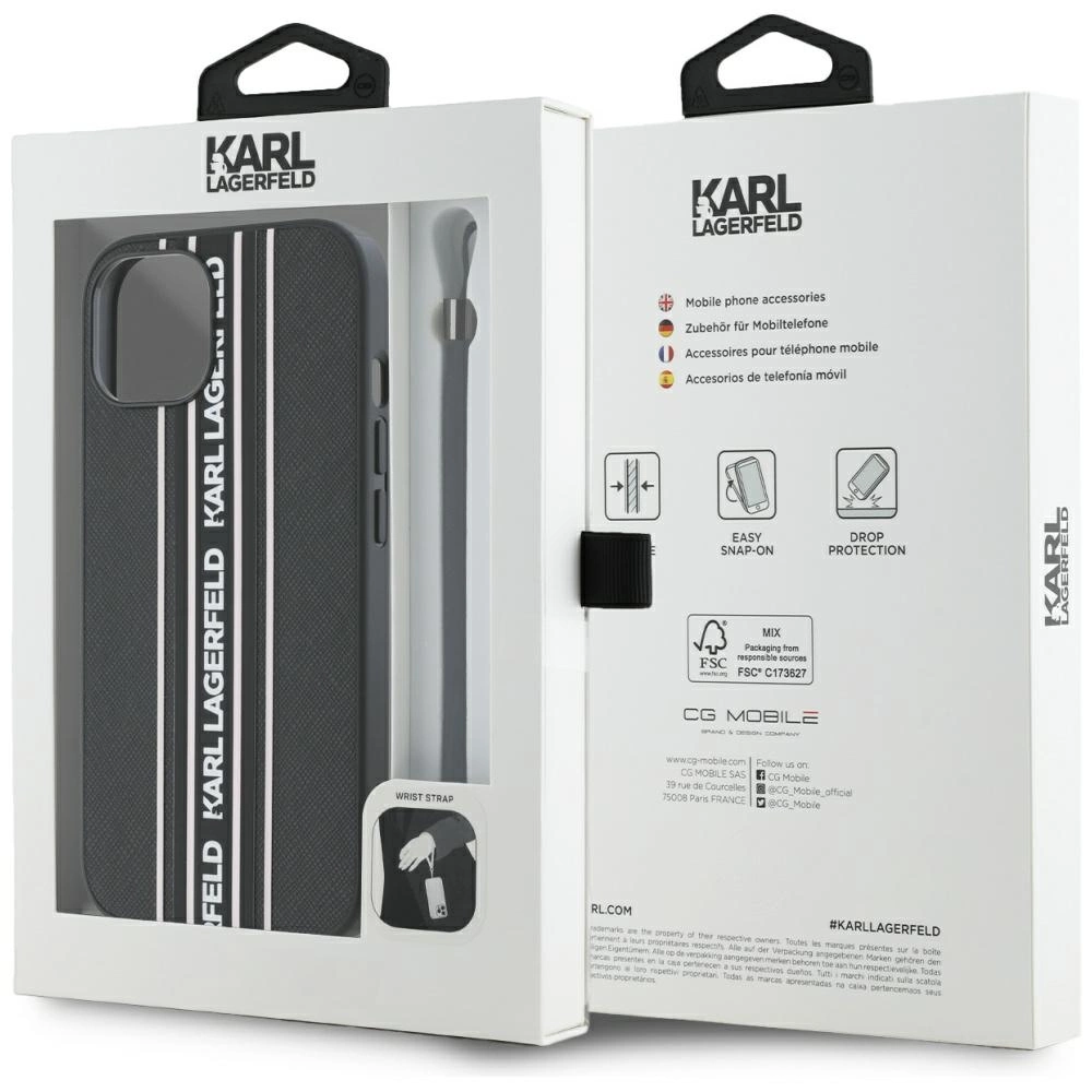 Karl Lagerfeld Saffiano Athleisure Stripes Cord iPhone 15 Case - Pinkeng