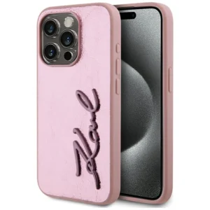 Karl Lagerfeld Wrinkled Metal Signature iPhone 15 Pro Max Case - Pinkeng