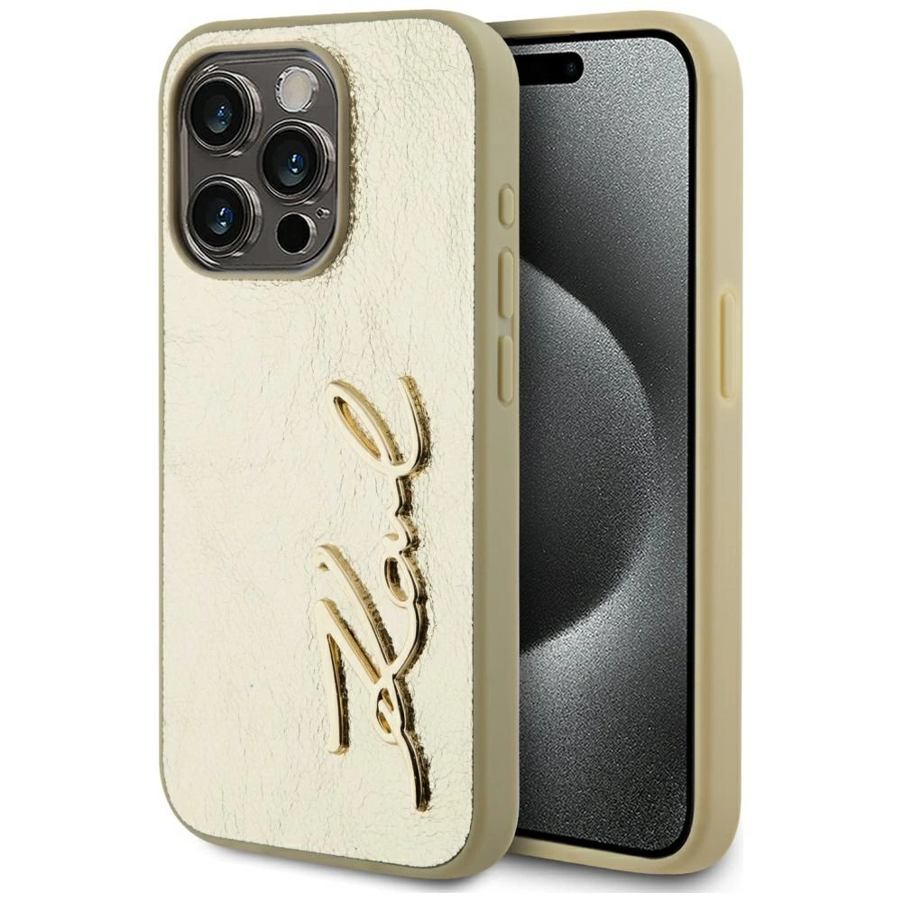Karl Lagerfeld Wrinkled Metal Signature iPhone 15 Pro Max Case - Goldeng