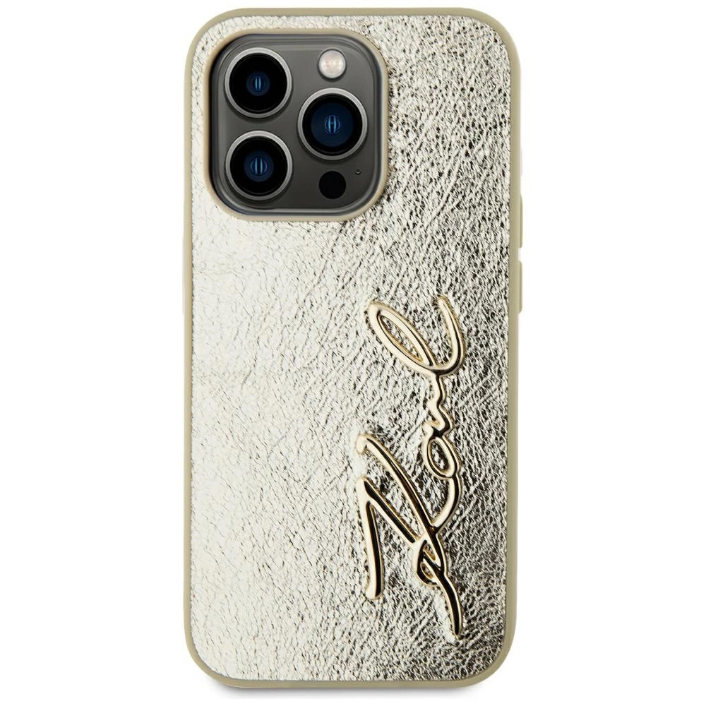 Karl Lagerfeld Wrinkled Metal Signature iPhone 15 Pro Max Case - Goldeng
