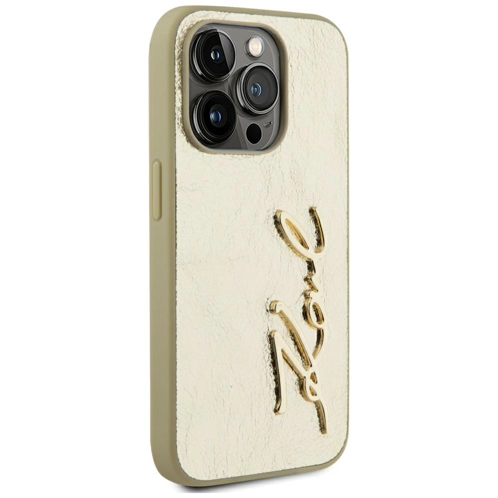 Karl Lagerfeld Wrinkled Metal Signature iPhone 15 Pro Max Case - Goldeng