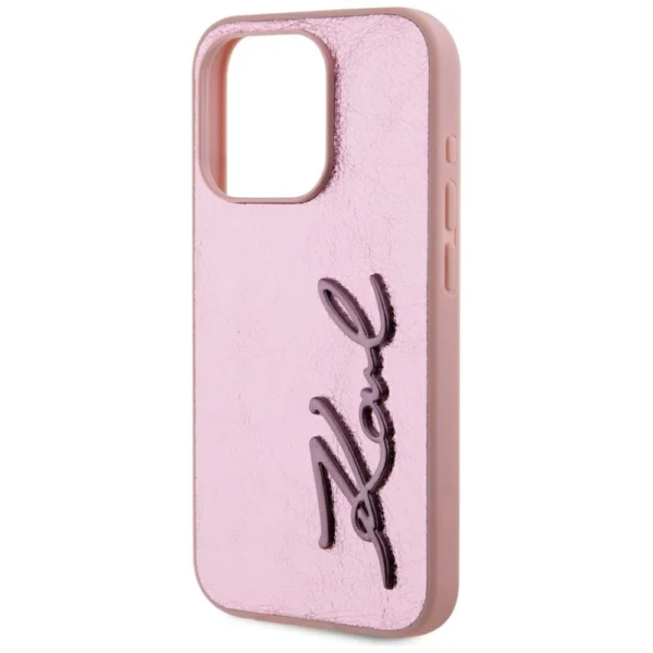 Karl Lagerfeld Wrinkled Metal Signature iPhone 15 Pro Case - Pinkeng