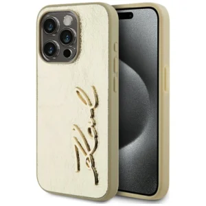 Karl Lagerfeld Wrinkled Metal Signature iPhone 15 Pro Case - Goldeng