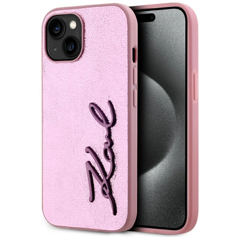 Karl Lagerfeld Wrinkled Metal Signature iPhone 15 Case - Pinkeng