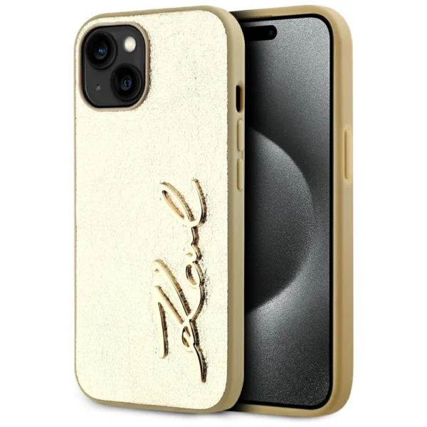 Karl Lagerfeld Wrinkled Metal Signature iPhone 15 Case - Goldeng
