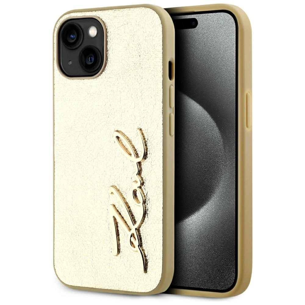 Karl Lagerfeld Wrinkled Metal Signature iPhone 15 Case - Goldeng