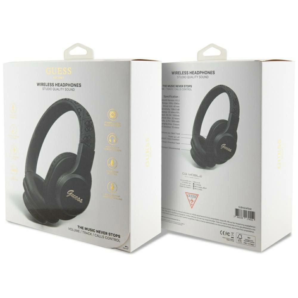 Guess Leather Tone On Tone Script Bluetooth 4G Over-Ear Headphones - Blackeng