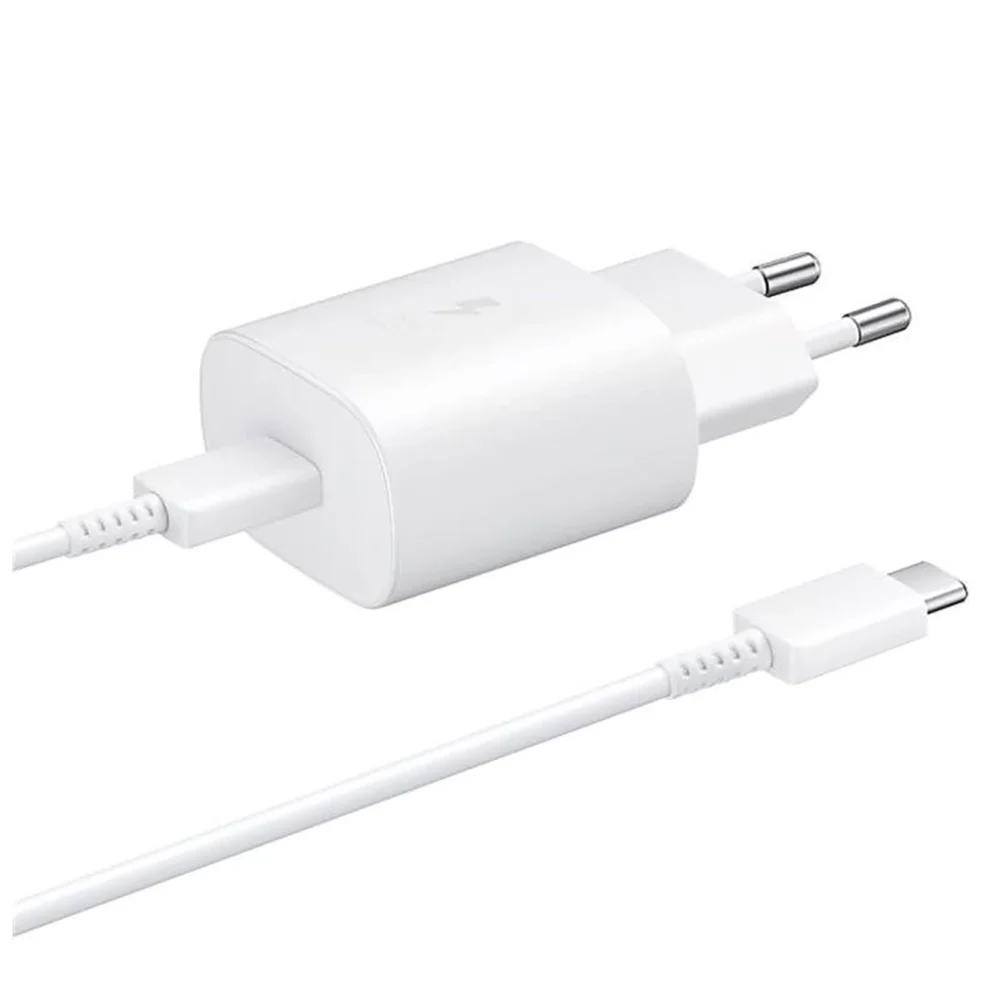 Samsung 25W EP-TA800EWE USB-C wall charger with Samsung EP-DA705BWE USB-C / USB-C cable replacement packaging - whiteeng